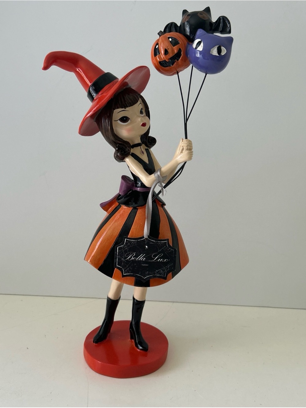 Bella Lux Halloween Witch Girl Figurine in Orange & Black Holding Balloons NEW